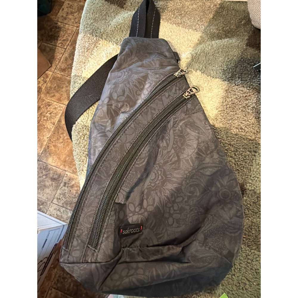 Sakroots Grey Floral Sling Backpack Adjustable Strap Mesh Back Travel Bag